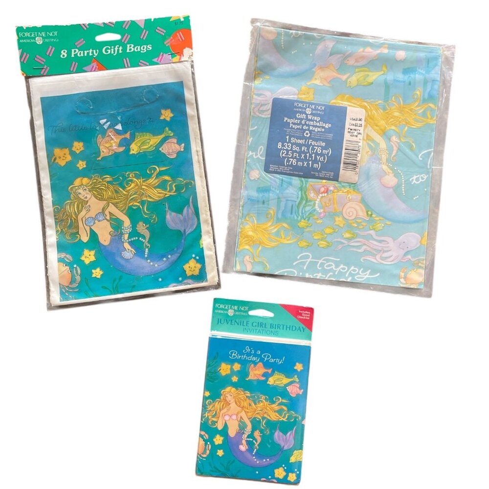 Vintage Am. Greetings Girl Mermaid Birthday Party Set Invitations Gift Wrap Bags